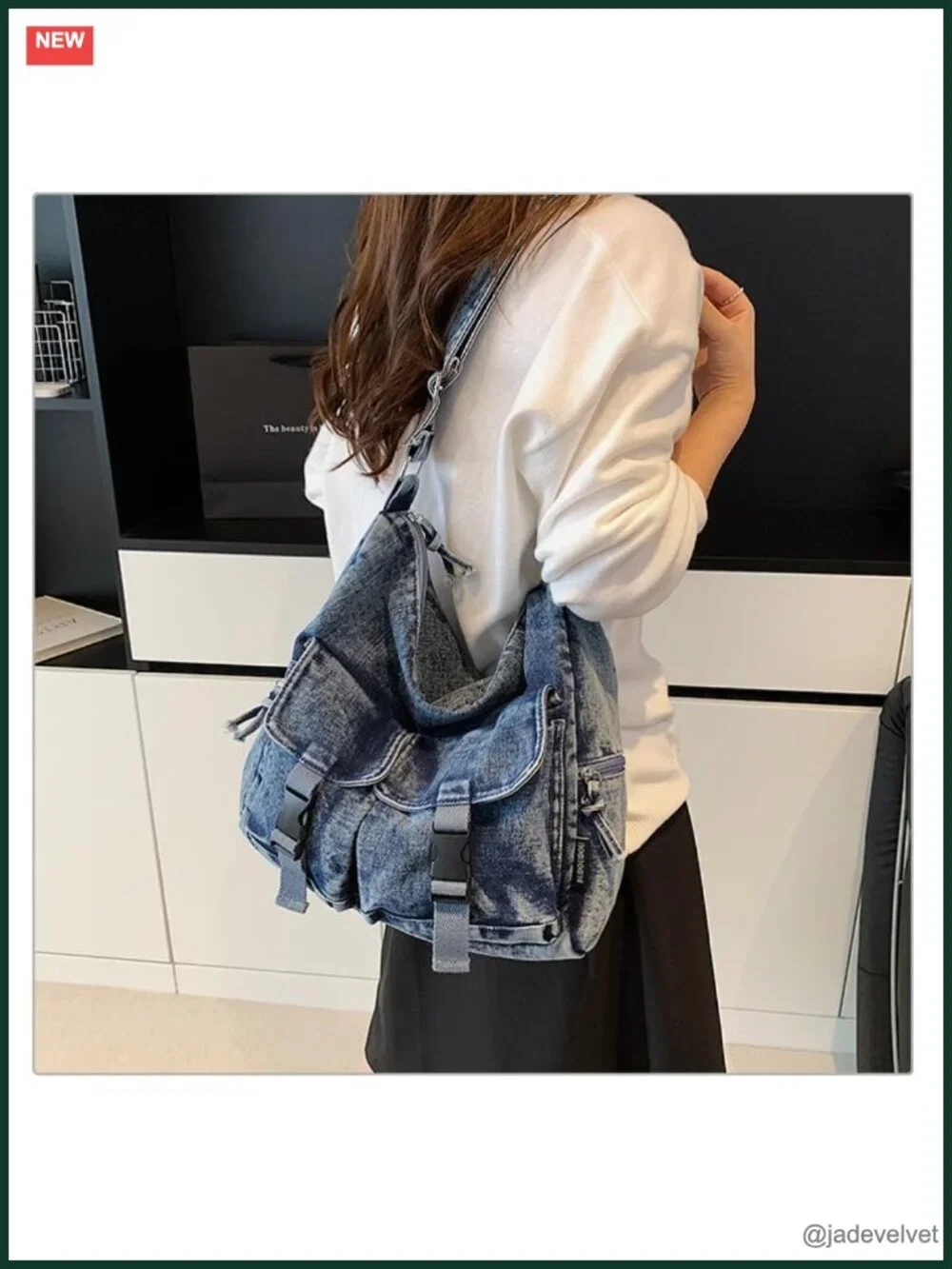Denim Tote Bag with Adjustable Strap Lightweight Casual Crossbody Purse